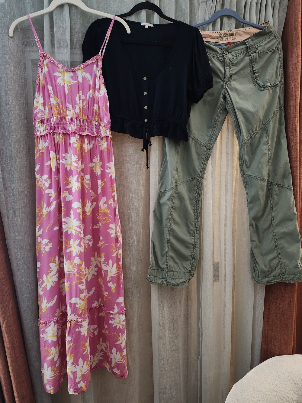 Pink Sundress, Olive Green Utility Pants, Black Top
